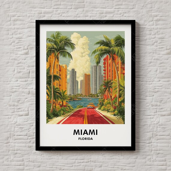 Miami Florida Vintage Travel Palm Trees Ocean Drive Retro Art Poster