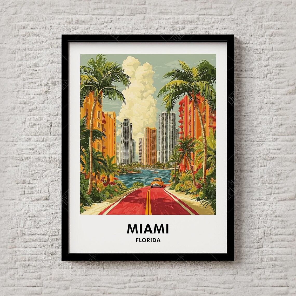 Miami Florida Vintage Travel Palm Trees Ocean Drive Retro Art Poster