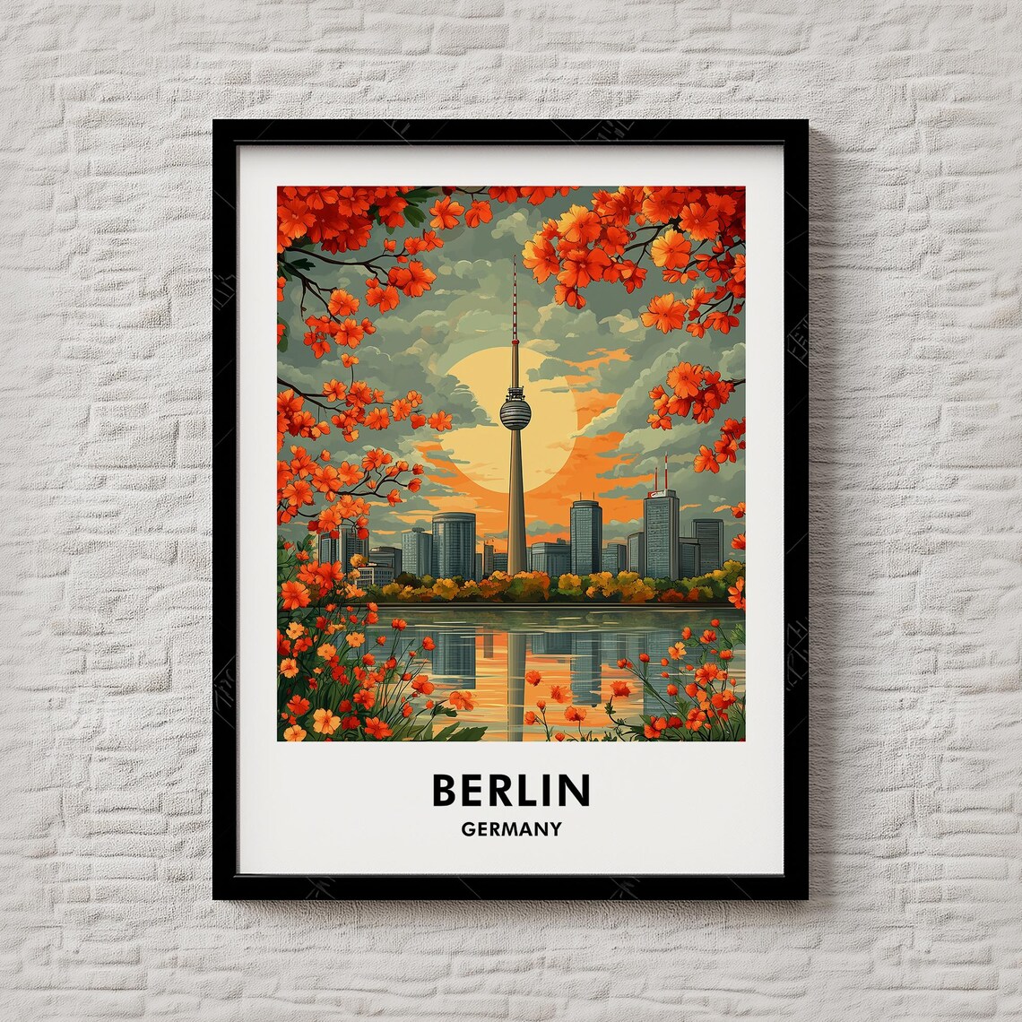 Berlin Germany TV Tower Sunset Skyline Vintage Travel Poster