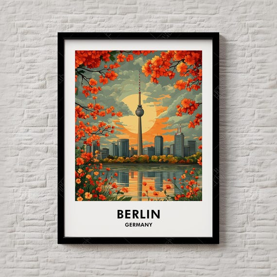 Berlin Germany TV Tower Sunset Skyline Vintage Travel Poster