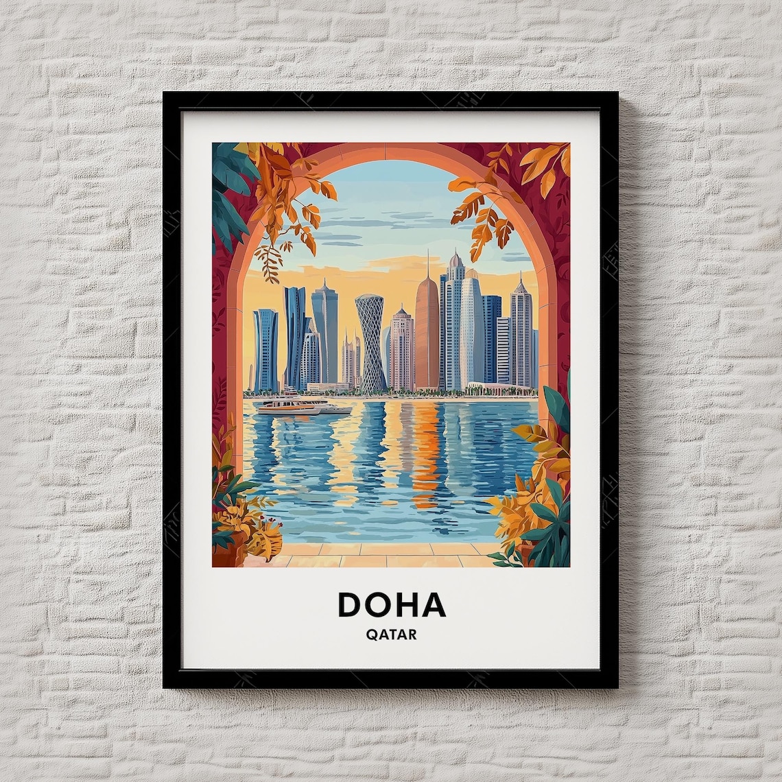 Doha Qatar Modern Skyline Arch Waterfront City Travel Poster