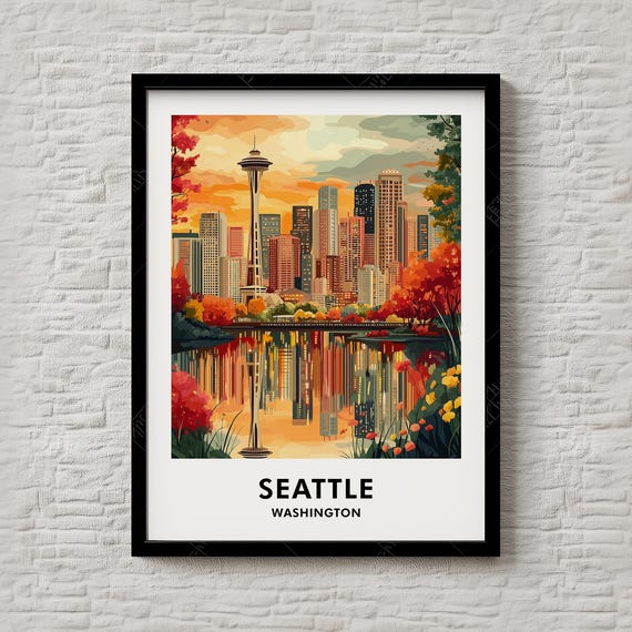 Seattle Washington Travel Poster Space Needle Autumn Skyline Sunset Art