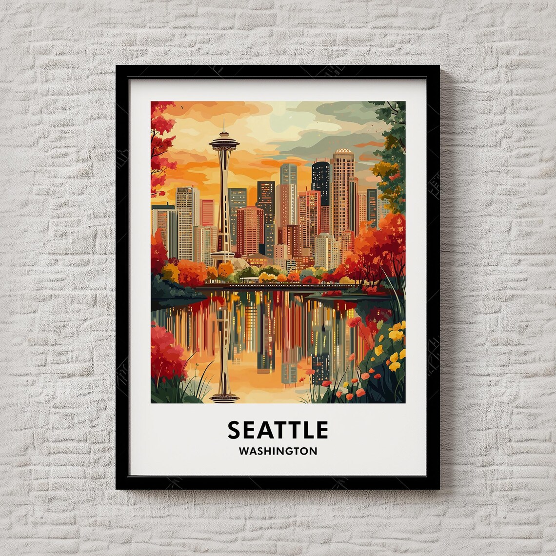 Seattle Washington Travel Poster Space Needle Autumn Skyline Sunset Art