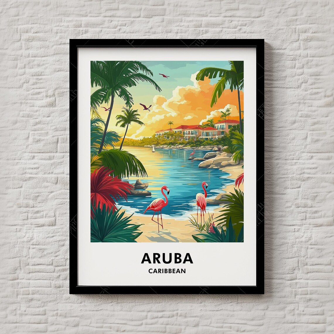 Aruba Caribbean Flamingo Beach Palm Trees Tropical Sunset Poster
