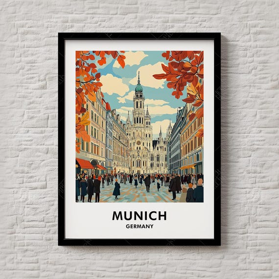 Munich Germany Old Town Square Autumn Crowd Vintage Travel Poster