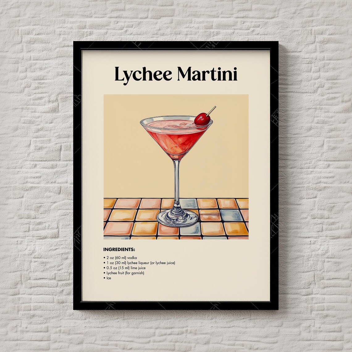 Lychee Martini Vodka Pink Cocktail Recipe Illustration Poster