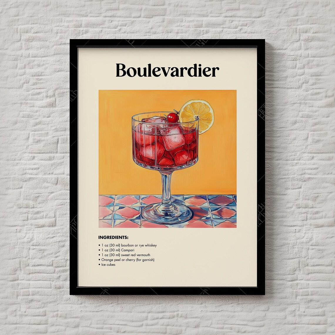 Boulevardier Cocktail Recipe Print Retro Whiskey Campari Red Drink Bar Decor