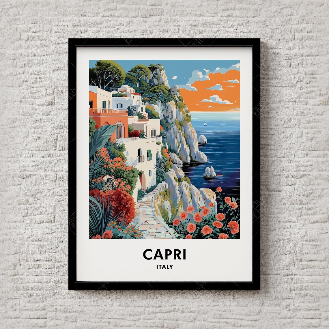 Capri Italy Cliffside Villas Faraglioni Sunset Travel Poster