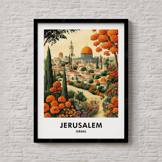 Jerusalem Israel Old City Golden Dome Floral Sunset Travel Poster
