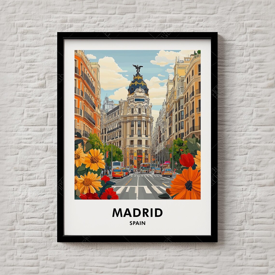 Madrid Spain Iconic Downtown Avenue Floral Retro Travel Poster