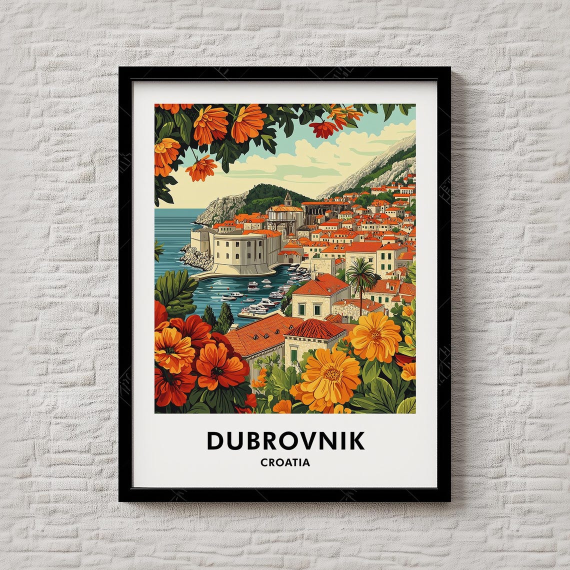 Dubrovnik Croatia Old Town Harbor Sunset Floral Travel Poster