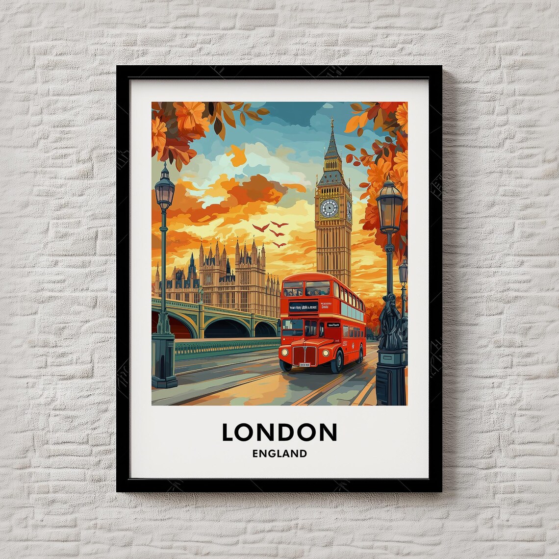 London England Red Bus Big Ben Westminster Bridge Sunset Travel Poster