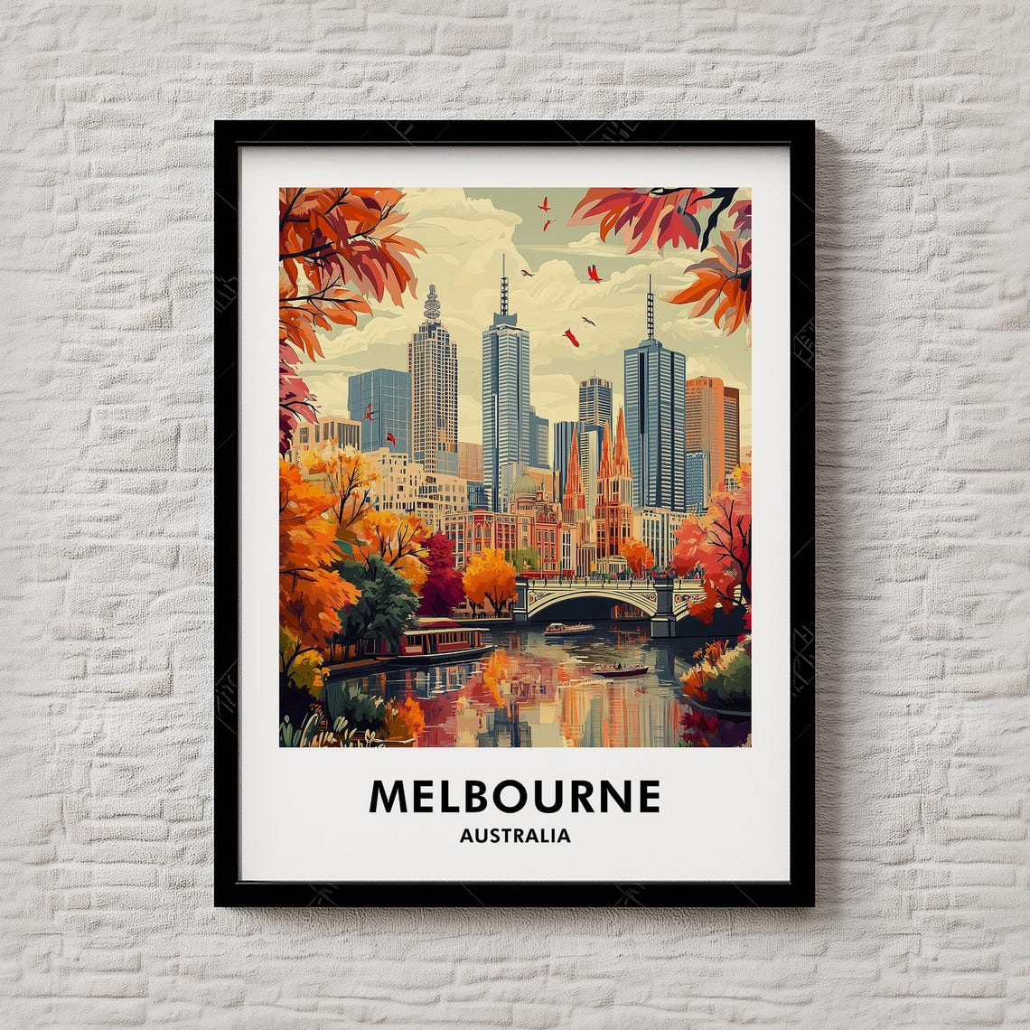 Melbourne Australia City Skyline River Autumn Vintage Travel Poster