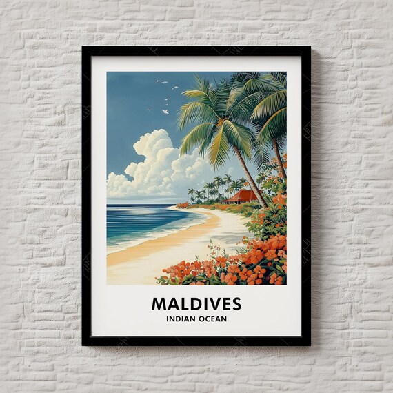 Maldives Indian Ocean Palm Beach Tropical Vintage Travel Poster