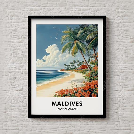 Maldives Travel Print City Illustration Of Exotic Islands And Crystal Clear Waters Living Room Art 121