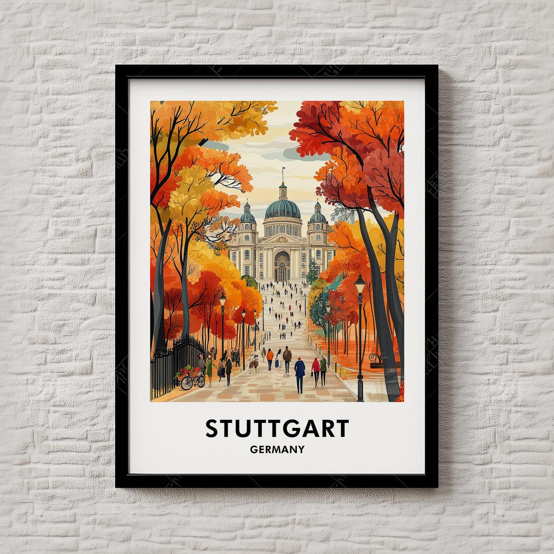 Stuttgart Germany Travel Poster Autumn Avenue Domed Palace Fall Art