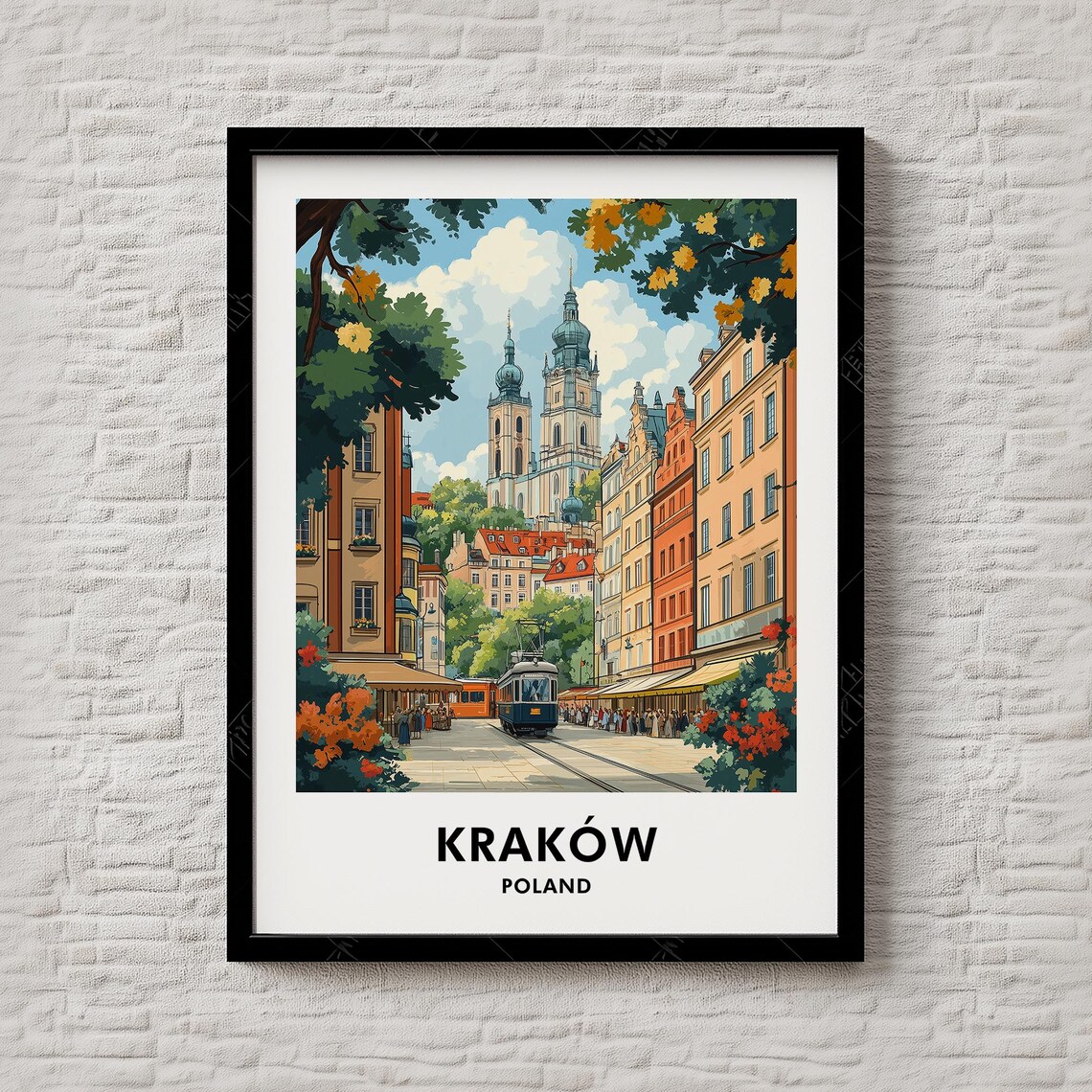Krakow Poland Autumn Old Town Tram Church Towers Travel Poster