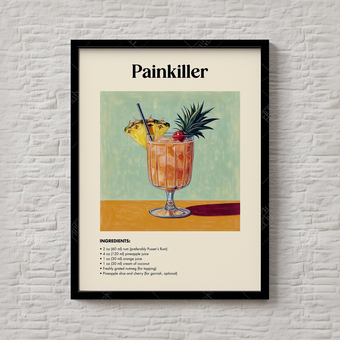 Painkiller Cocktail Recipe Tropical Rum Pineapple Beach Bar Poster