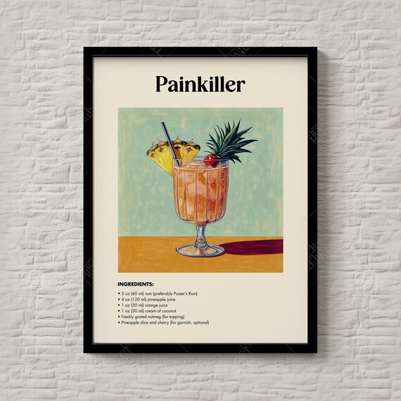 Painkiller Cocktail Recipe Tropical Rum Pineapple Beach Bar Poster