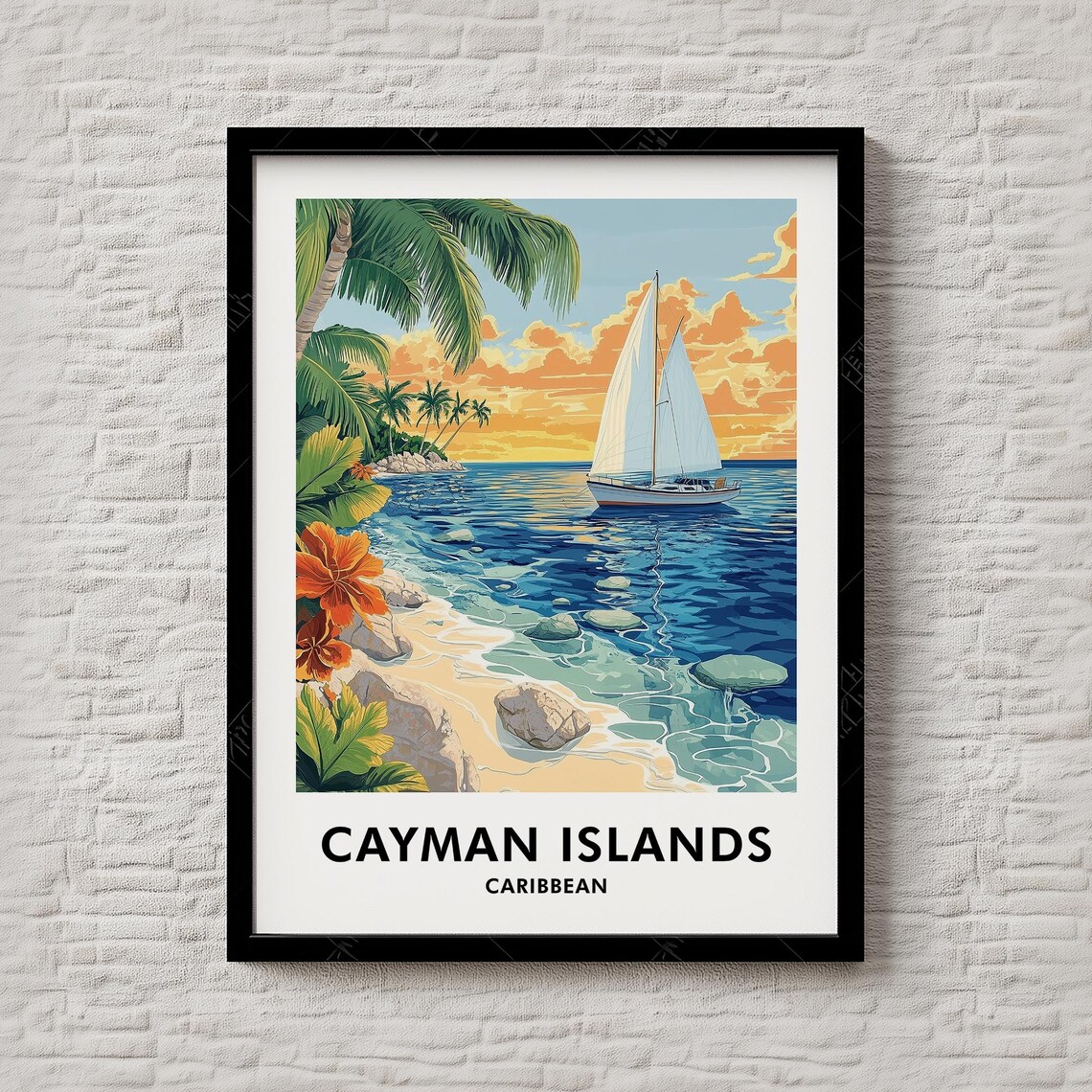 Cayman Islands Caribbean Sailboat Sunset Beach Travel Poster