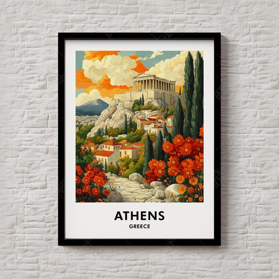 Athens Greece Acropolis Parthenon Autumn Flowers Travel Poster