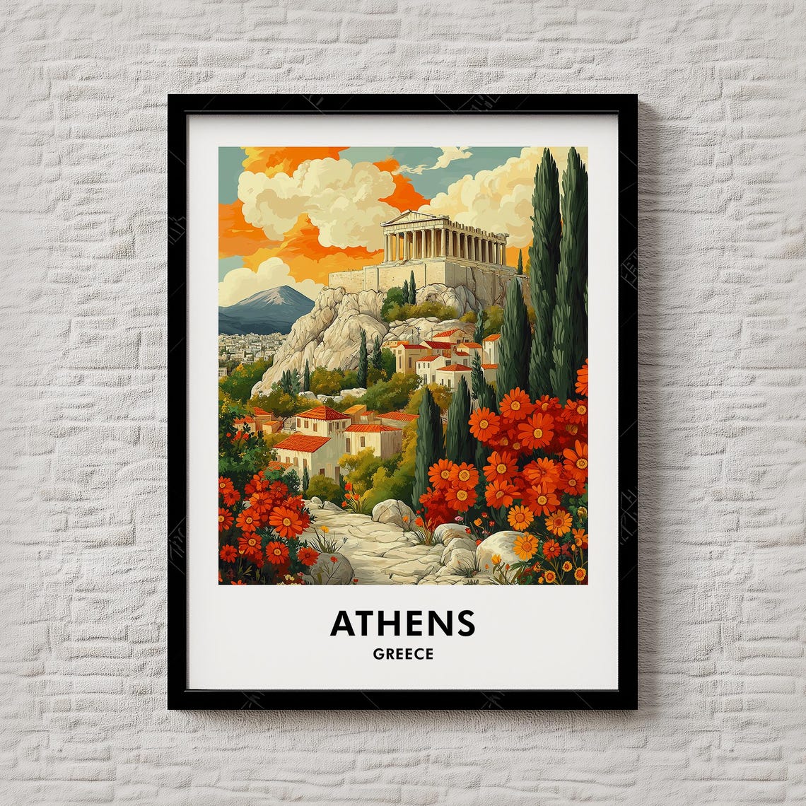 Athens Greece Acropolis Parthenon Autumn Flowers Travel Poster