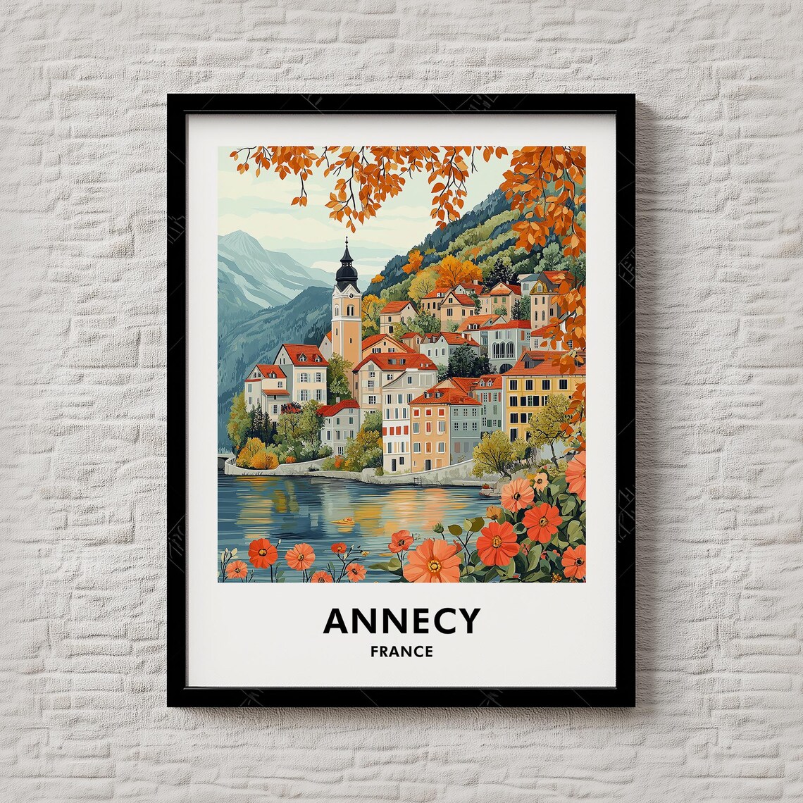 Annecy France Old Town Lake Autumn Landscape Scenic Travel Poster