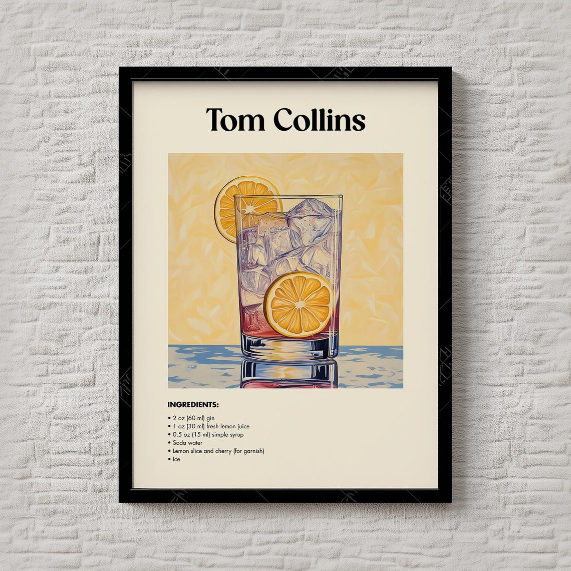 Tom Collins Cocktail Recipe Gin Lemon Soda Drink Bar Art Poster
