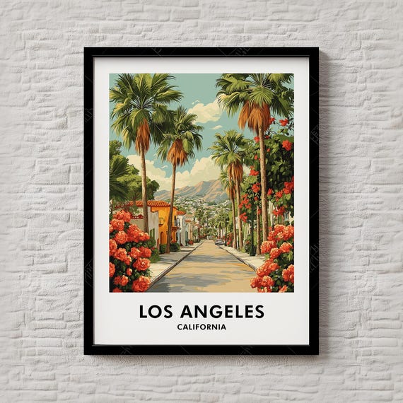 Los Angeles Travel Print Retro Sunset Illustration Featuring Skyline Coast Birthday Gift For Travelers Poster 117