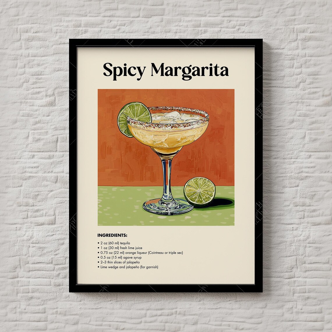 Spicy Margarita Cocktail Recipe Jalapeno Lime Bar Art Poster