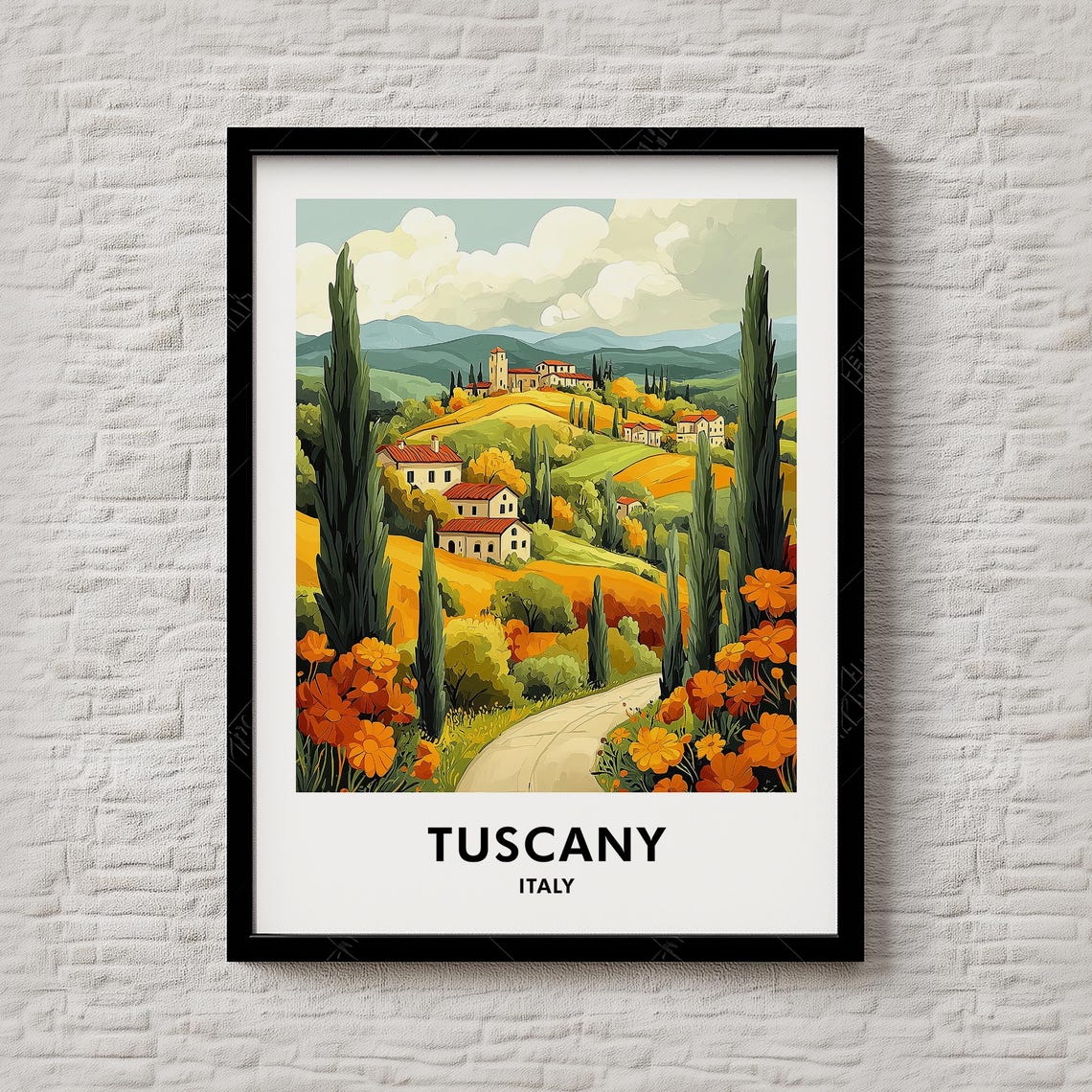 Tuscany Italy Golden Hillside Village Cypress Tree Travel Poster