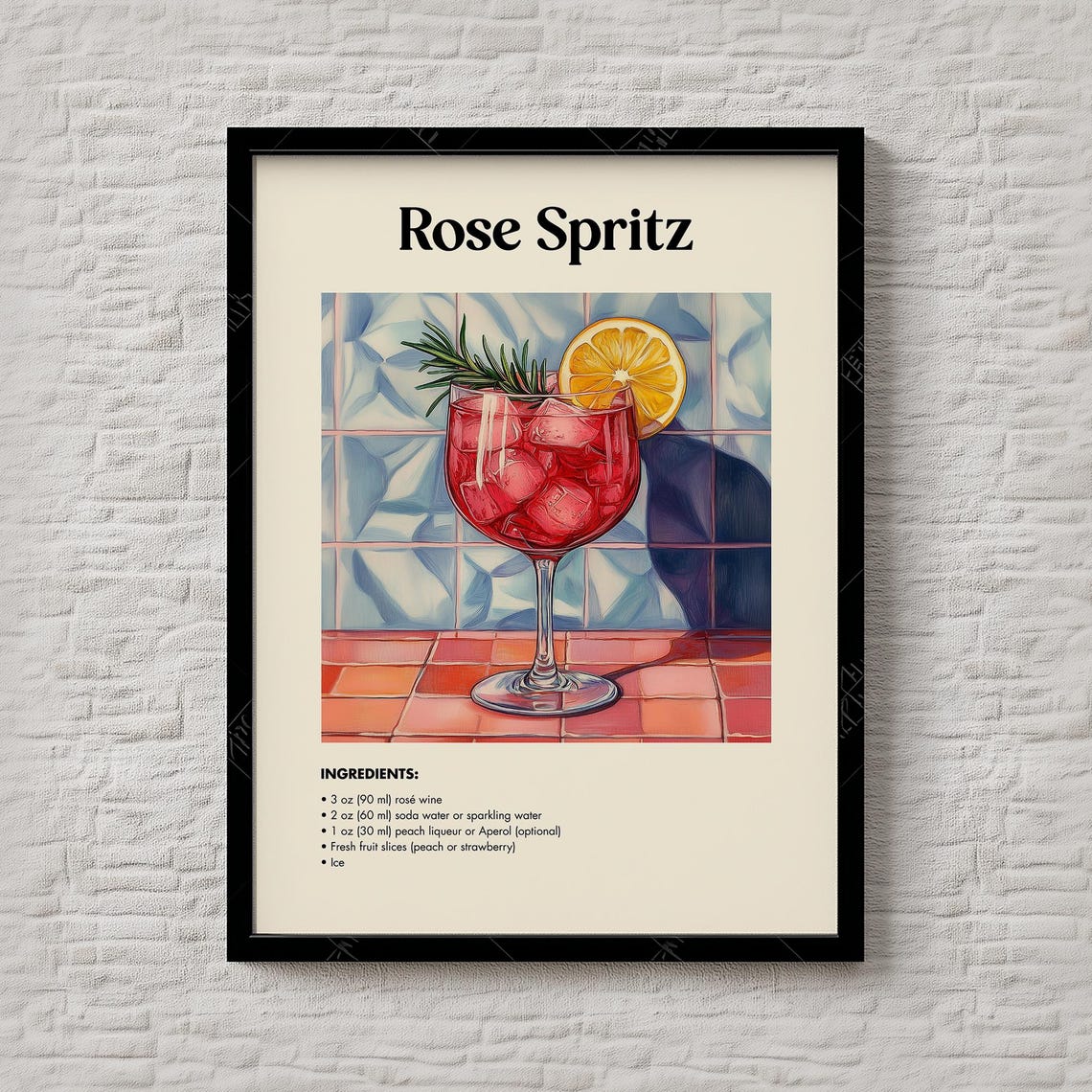 Rose Spritz Cocktail Recipe Classic Pink Drink Retro Bar Art Poster