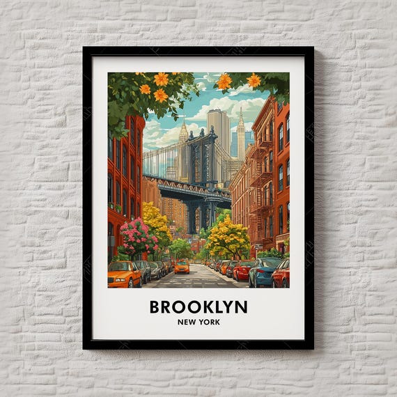 Brooklyn New York Manhattan Bridge Street Scene Travel Poster