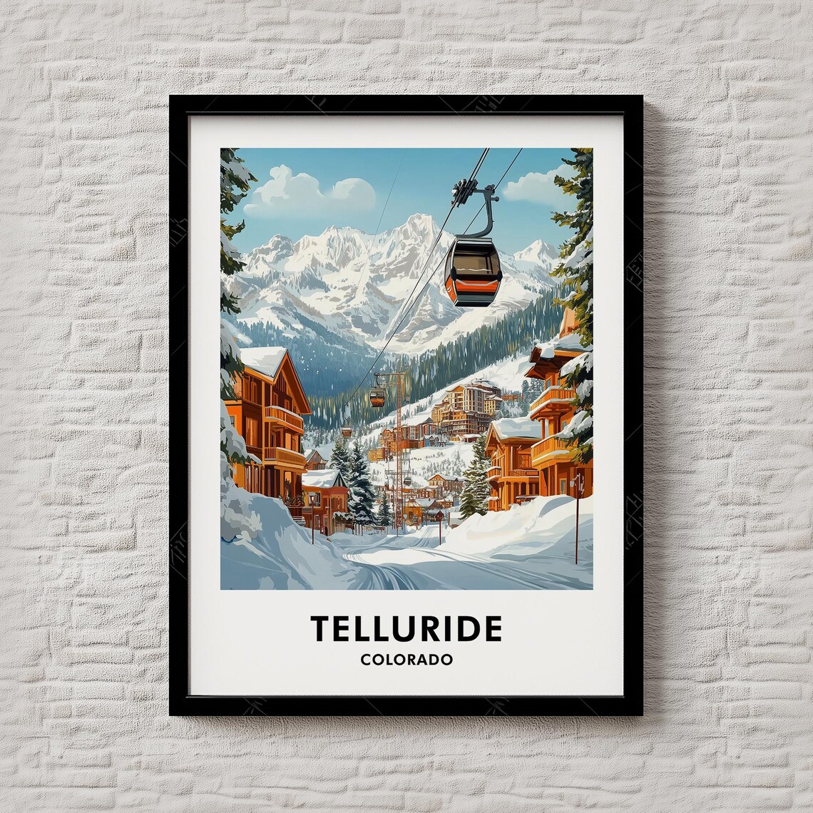Telluride Colorado Travel Poster Ski Resort Gondola Snowy Peaks Art