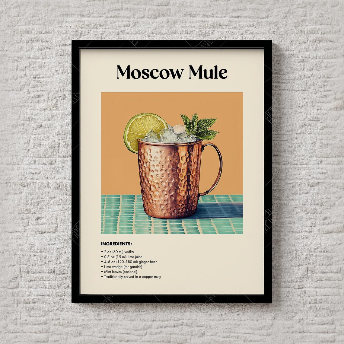 Moscow Mule Cocktail Recipe Copper Mug Ginger Beer Bar Art Poster