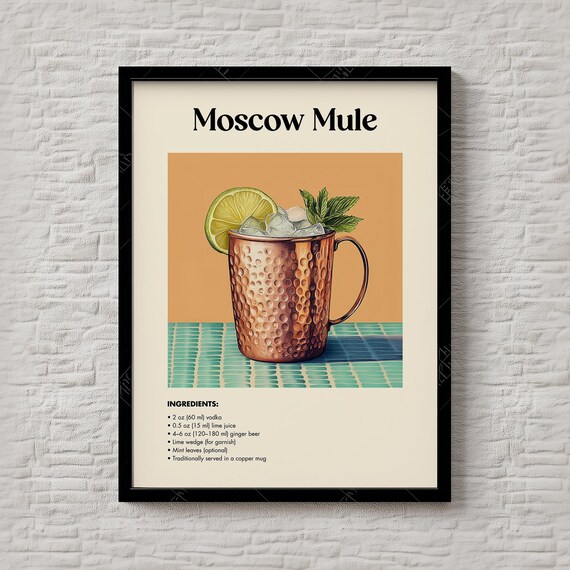 Moscow Mule Cocktail Recipe Copper Mug Ginger Beer Bar Art Poster