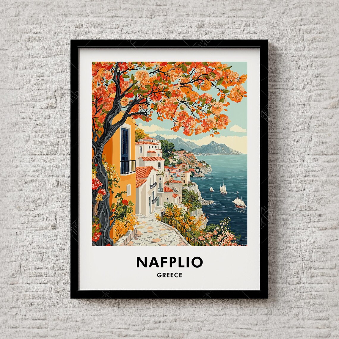 Nafplio Greece Vintage Travel Poster Coastal Town Sea View Sailboats