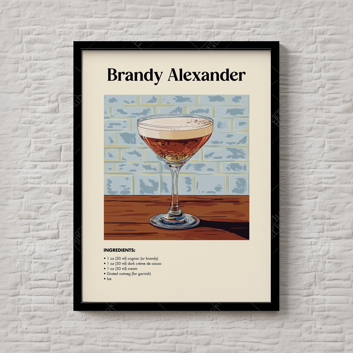 Brandy Alexander Cocktail Recipe Print Creamy Dessert Drink Retro Bar Decor