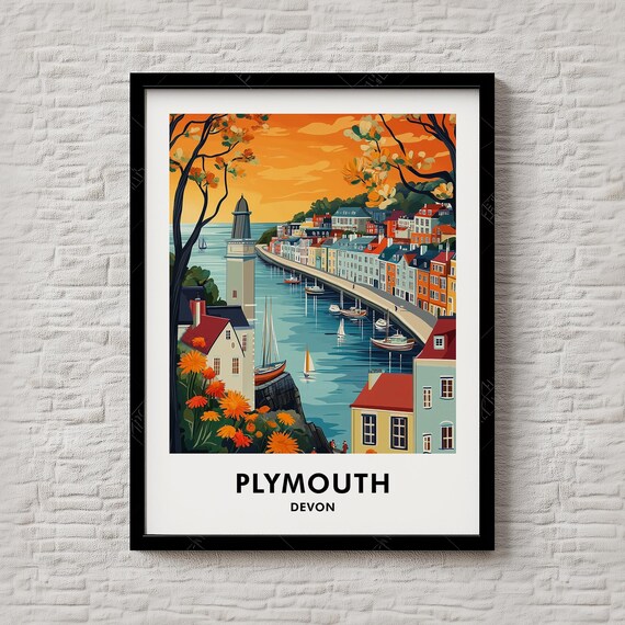 Plymouth Devon Harbor Sunset Sailing Boats Retro Travel Poster
