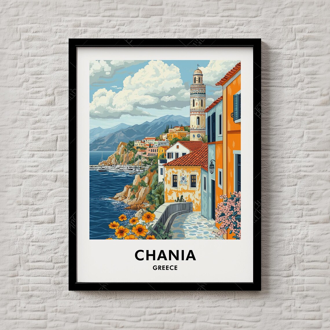 Chania Greece Vintage Old Harbor Bell Tower Seaside Travel Poster