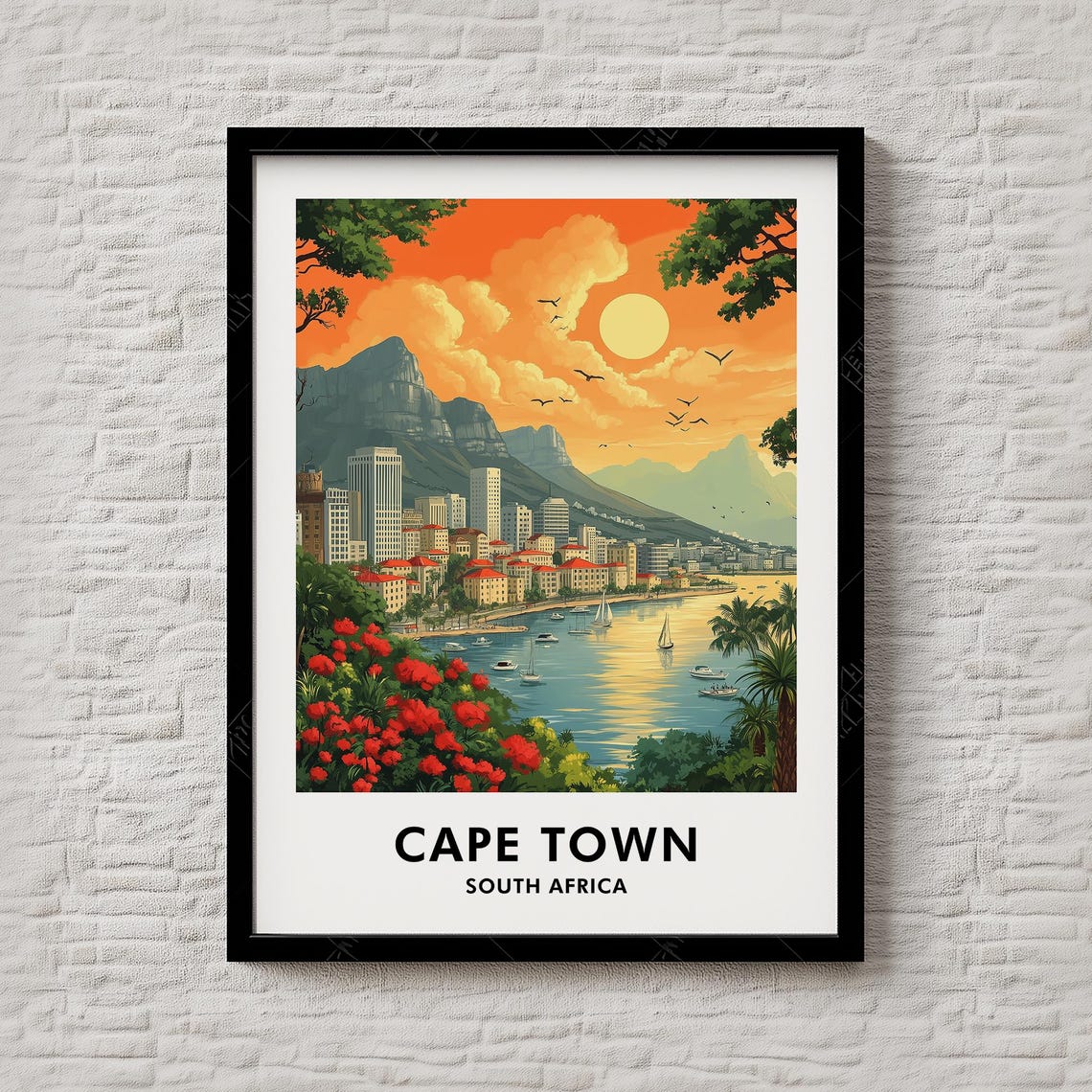 Cape Town South Africa Table Mountain Harbor Sunset Travel Poster