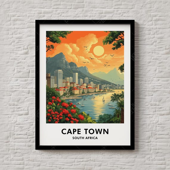 Cape Town South Africa Table Mountain Harbor Sunset Travel Poster