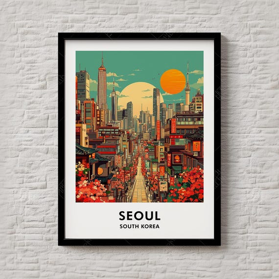 Seoul South Korea Travel Poster Cherry Blossom Street Tower Sunset Art
