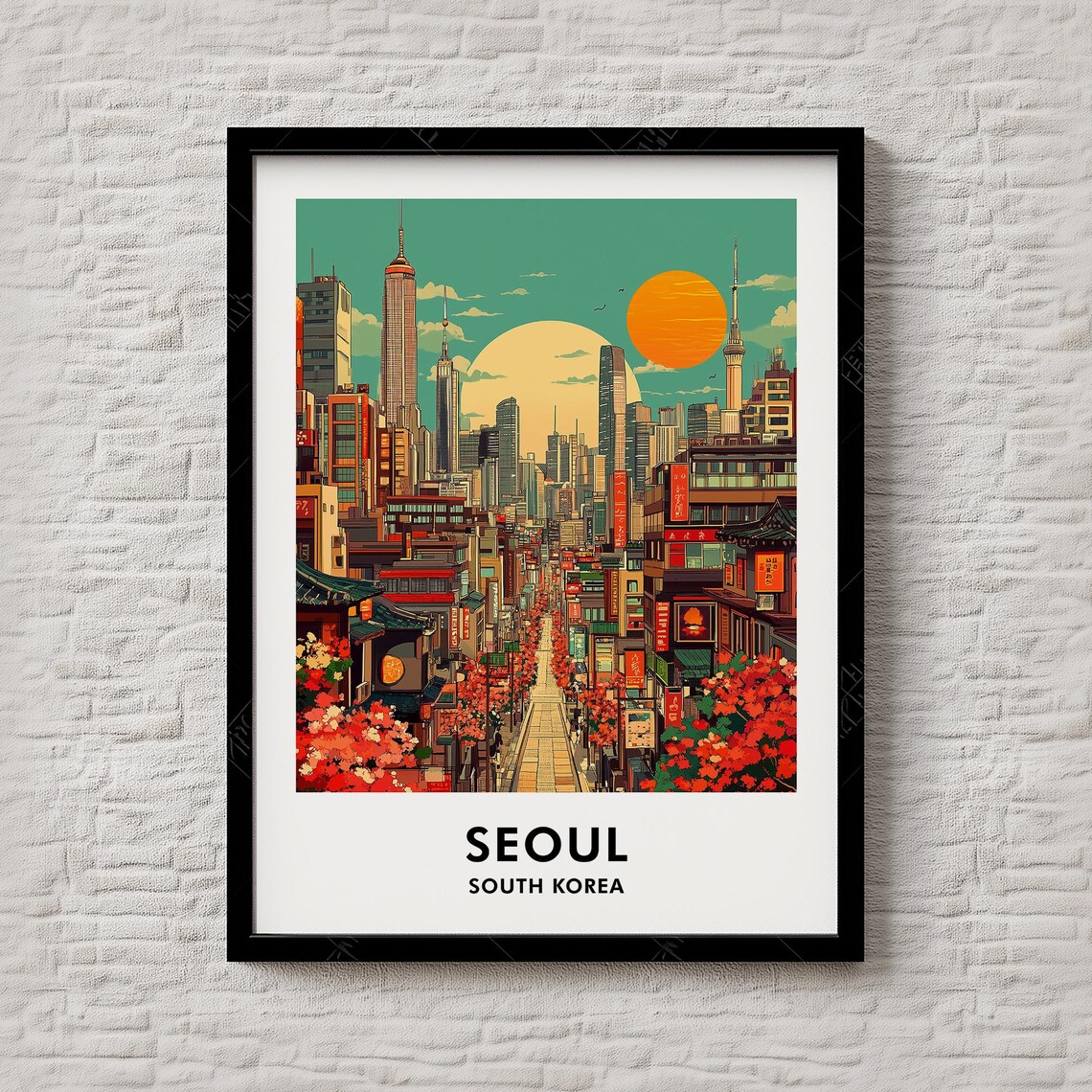 Seoul South Korea Travel Poster Cherry Blossom Street Tower Sunset Art