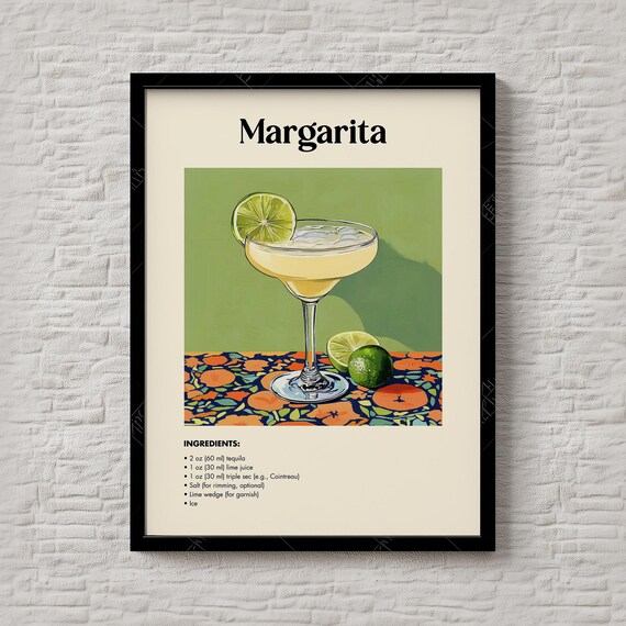 Margarita Tequila Lime Classic Cocktail Recipe Illustration Poster