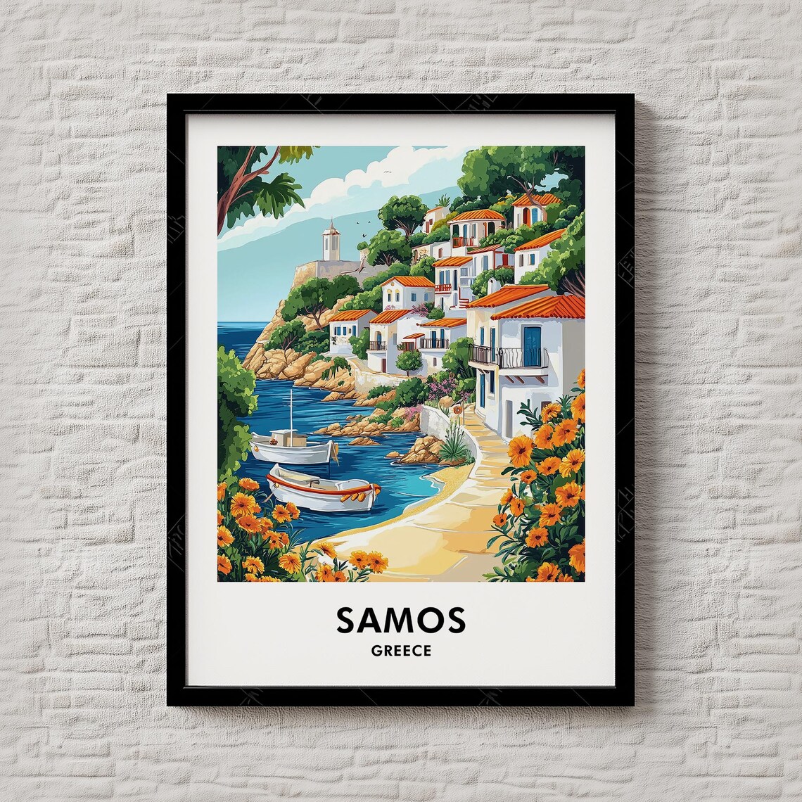 Samos Greece Travel Poster Aegean Harbor Coastal Village Illustration