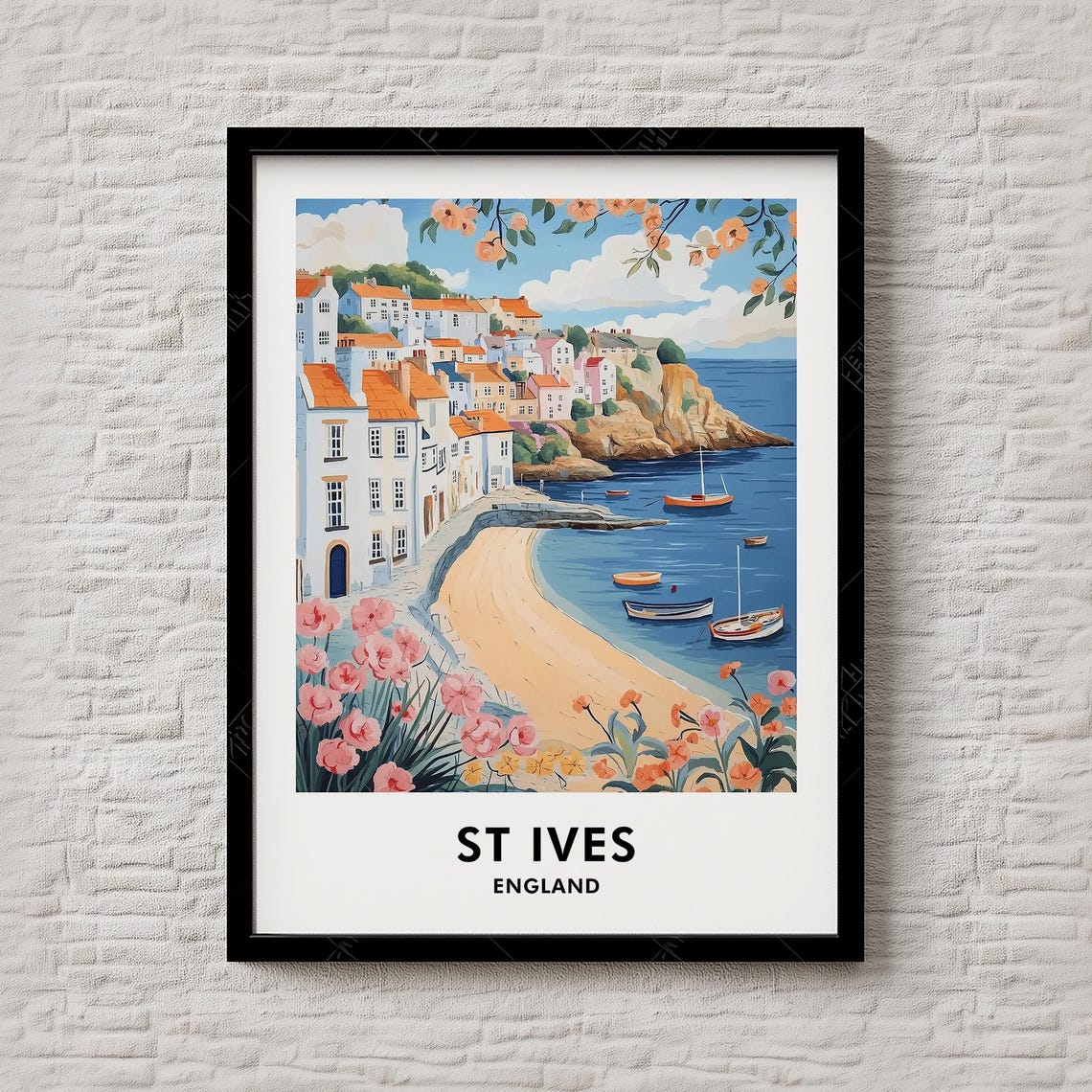 St Ives England Travel Poster Coastal Cornwall Harbor Beach Flower Art