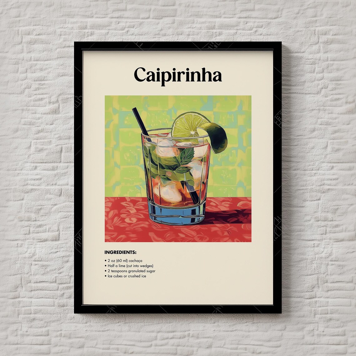 Caipirinha Cocktail Recipe Print Brazilian Lime Drink Retro Bar Decor