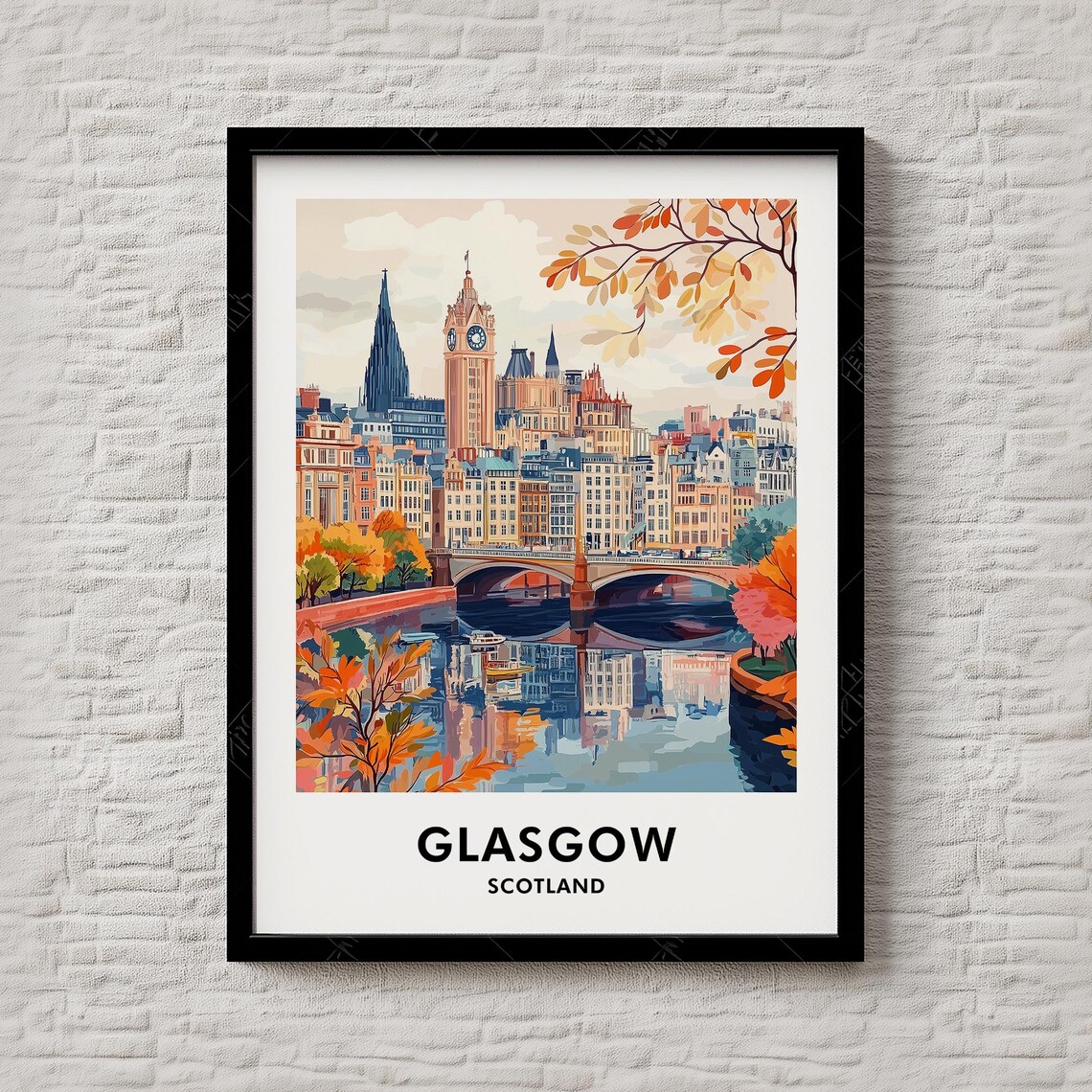 Glasgow Scotland Autumn River Skyline Vintage City Travel Poster