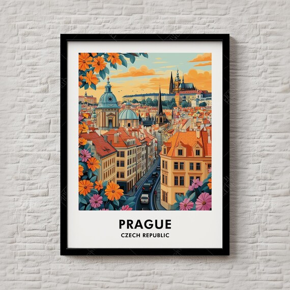 Prague Czech Republic Old Town Sunset Flowers Retro Travel Poster